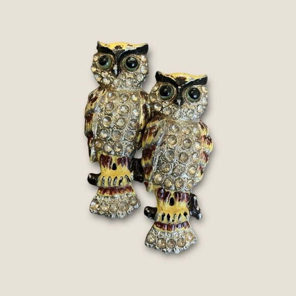 Vintage Enameled Owl Duette Brooch Pin Estate Jewelry - Picture 2 of 5
